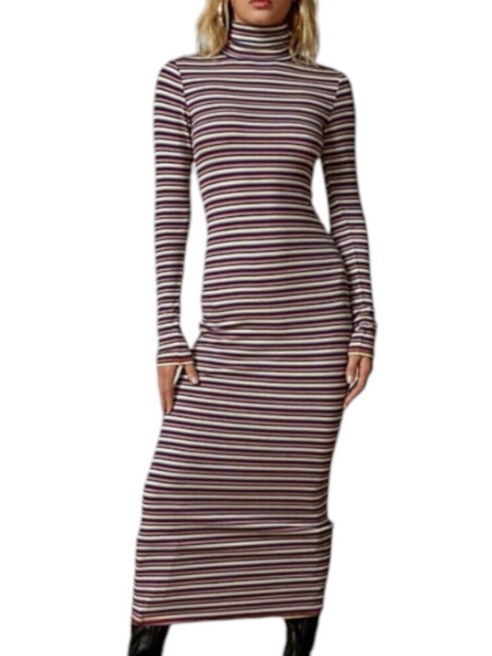 BDG Sierra Striped Long Sleeve Turtleneck Maxi Dress